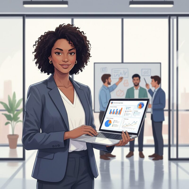 Nonprofit professional holding a laptop showing data dashboards in a modern office