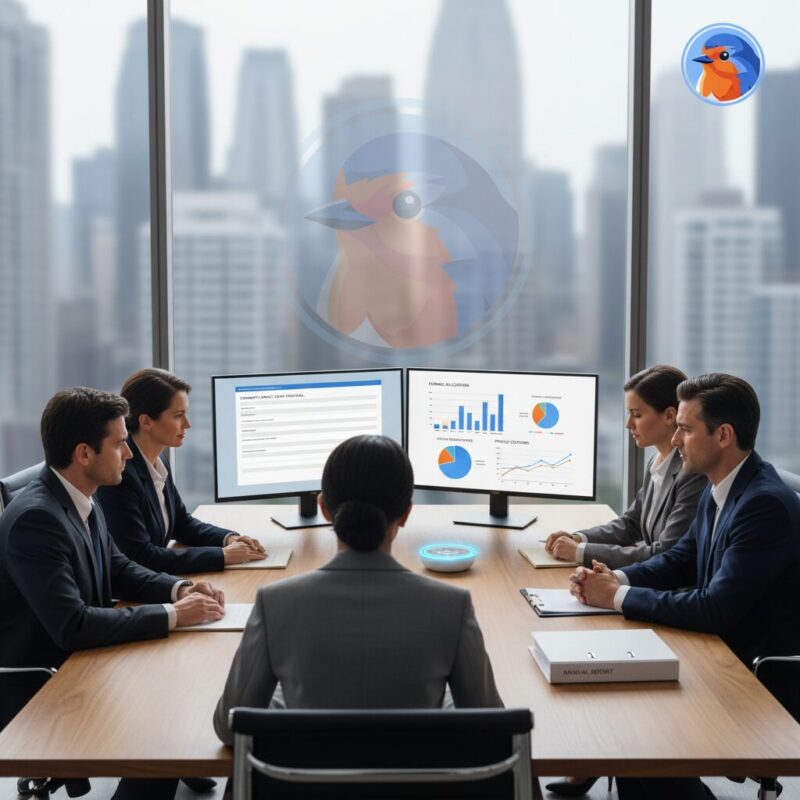 Nonprofit professional using a dual-monitor setup to review grant applications and organized data