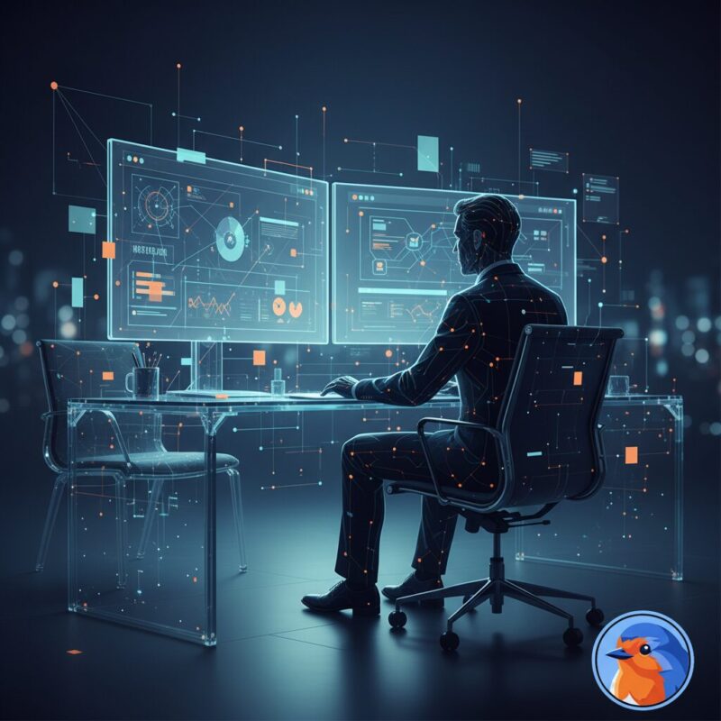 Nonprofit professional using AI tools on a dual-monitor setup to efficiently manage grant proposals