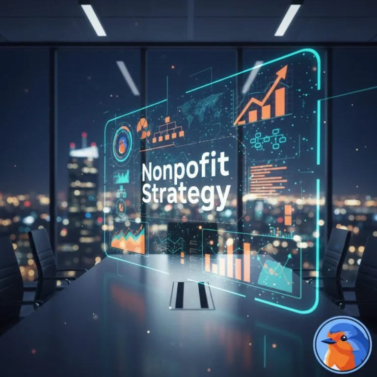 Nonprofit Strategy featured image showing futuristic data growth holograms in a corporate boardroom