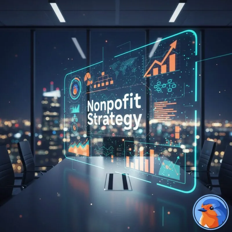 Nonprofit Strategy featured image showing futuristic data growth holograms in a corporate boardroom