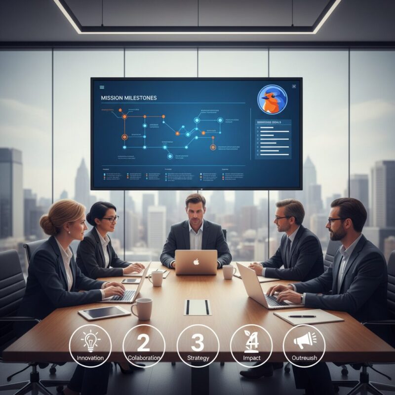 Nonprofit team collaborating on grant strategy in a modern conference room