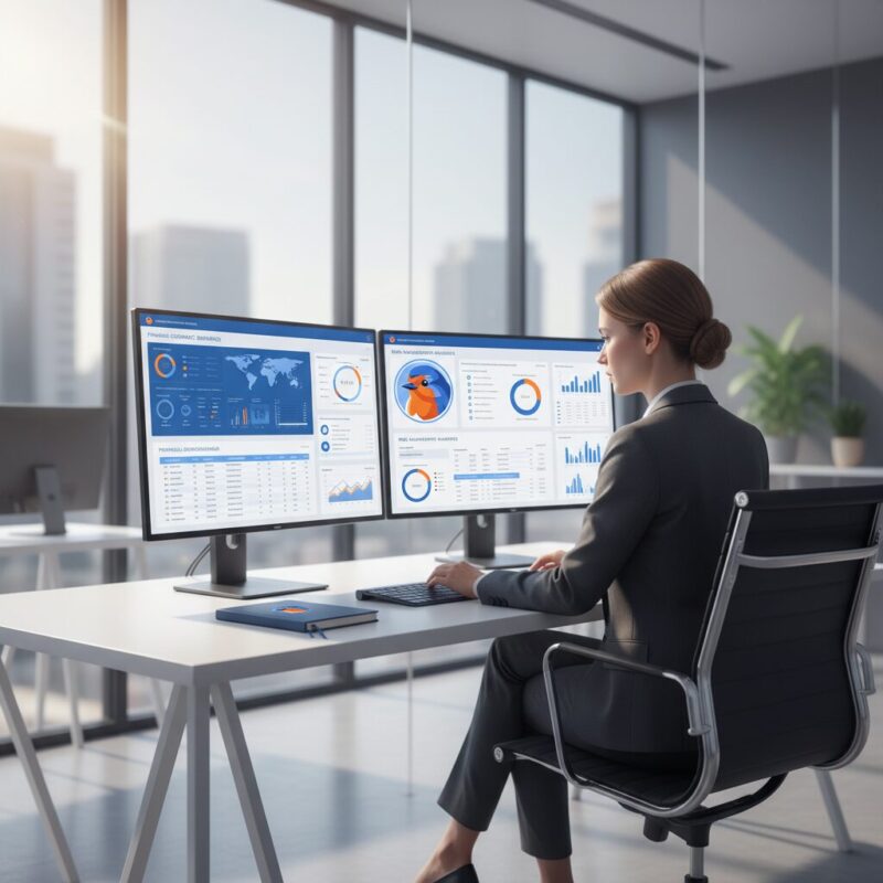 Operations manager reviewing 501(c)(3) compliance data on dual monitors