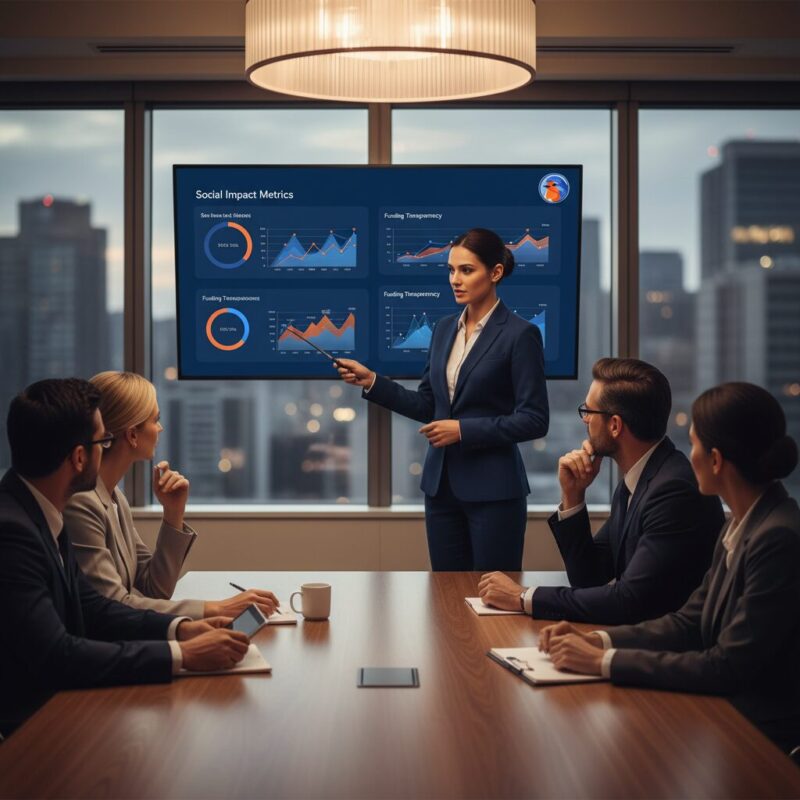 Presenter showing data visualization dashboard to high-net-worth donors