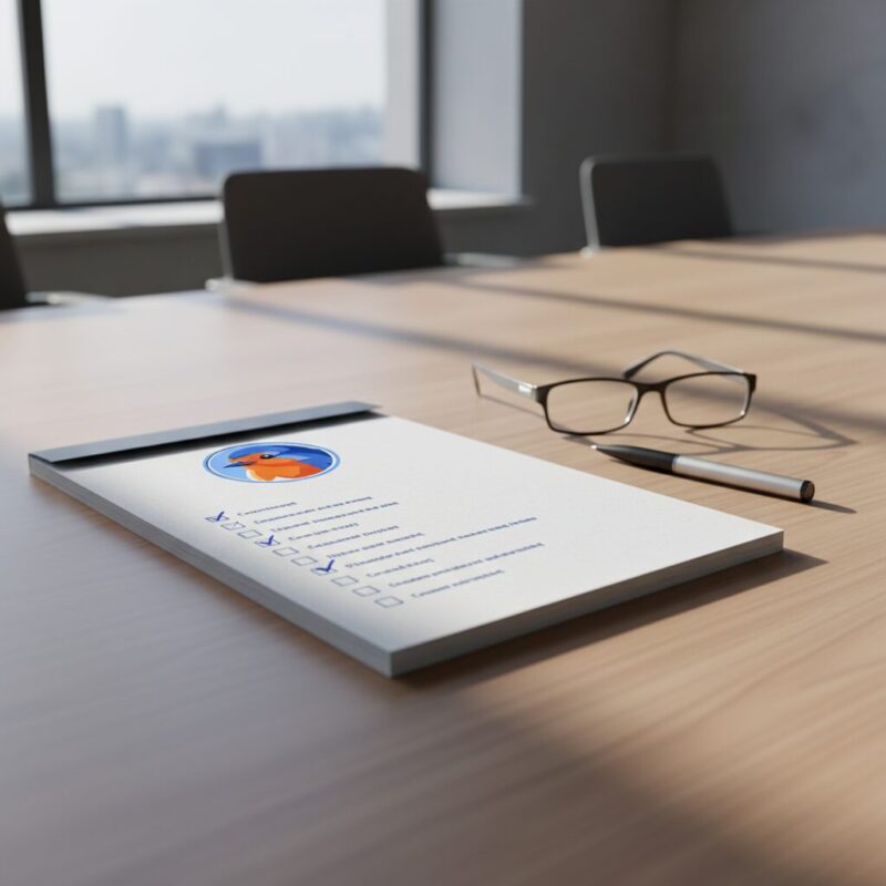 Printed audit-ready checklist with pen and glasses on a conference table
