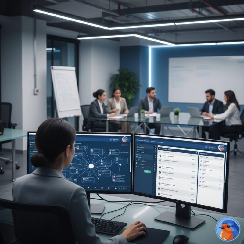 Professional analyzing Innovate UK funding strategies on a dual-monitor setup