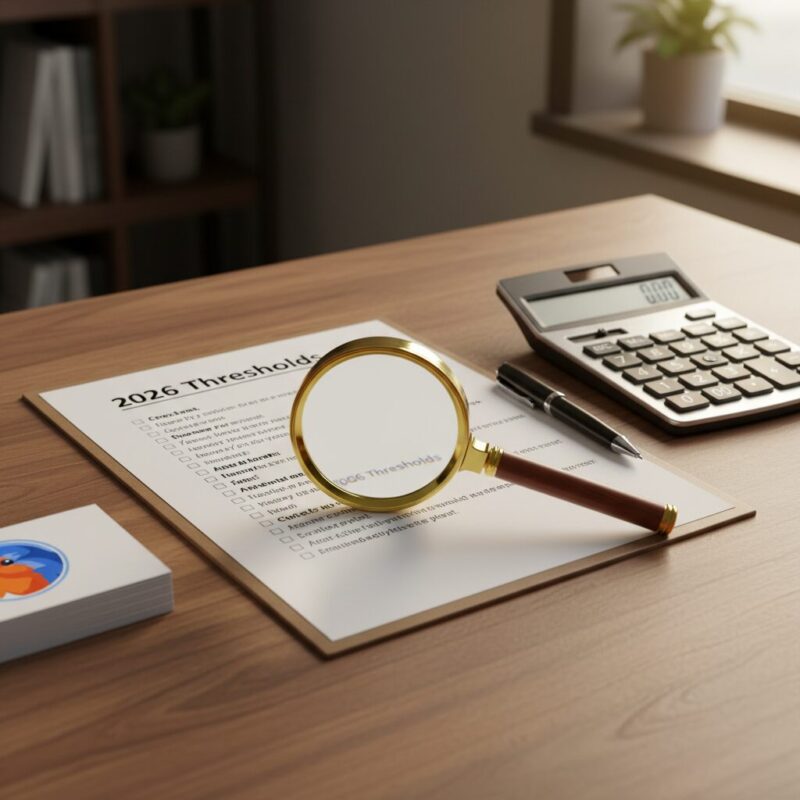 Professional desk setup with calculator and compliance checklist for 2026 charity audit thresholds