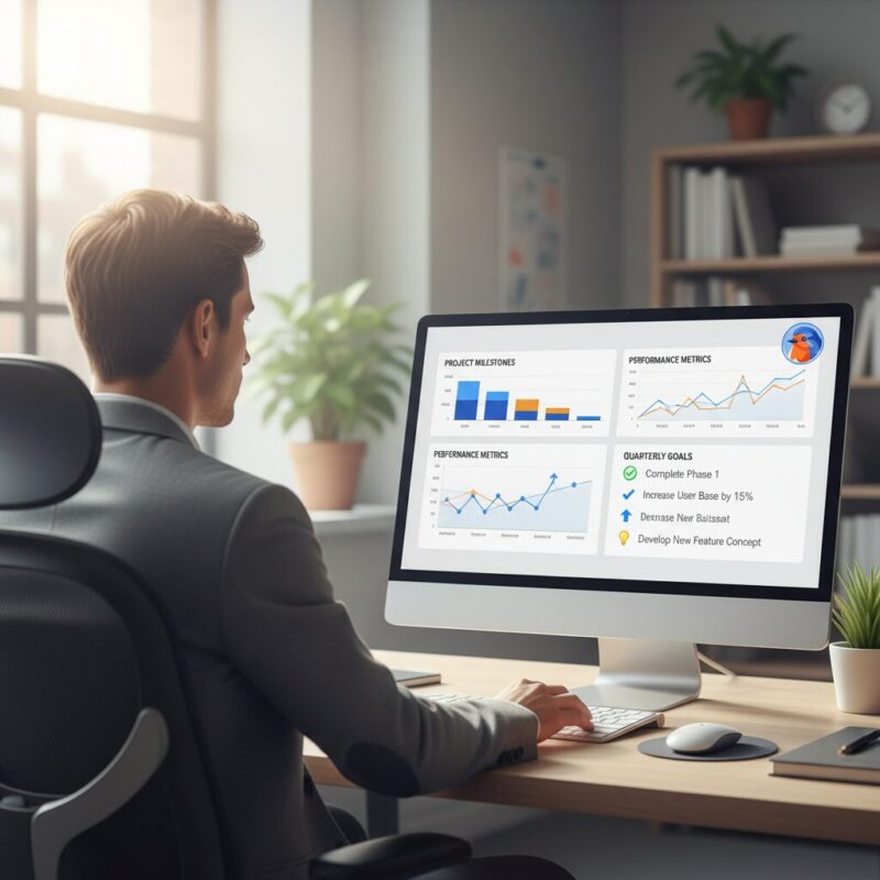 Professional grant reviewer analyzing application data on a modern office monitor
