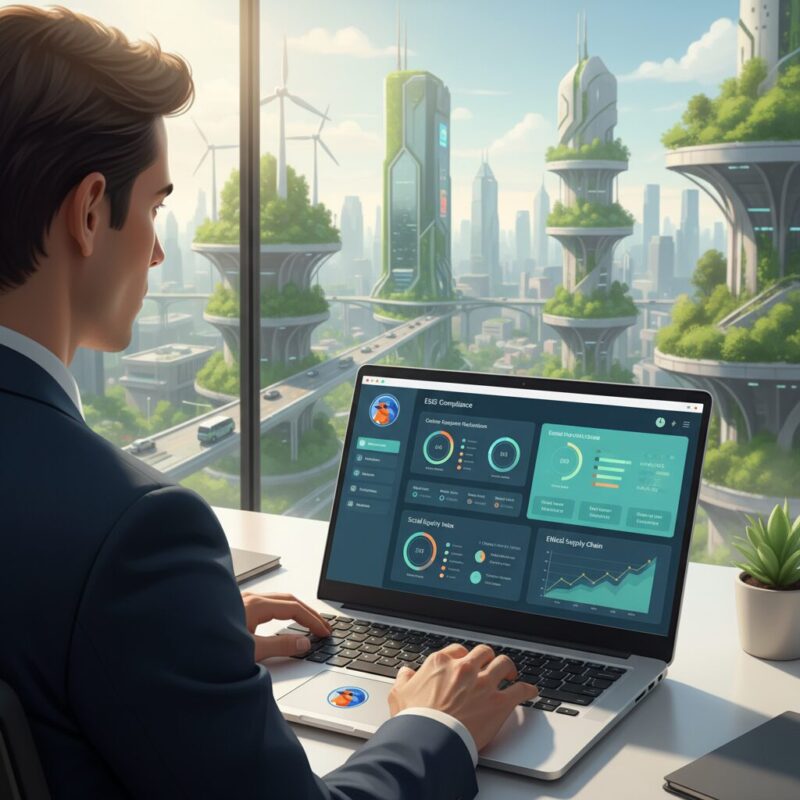 Professional reviewing ESG compliance data on a laptop dashboard