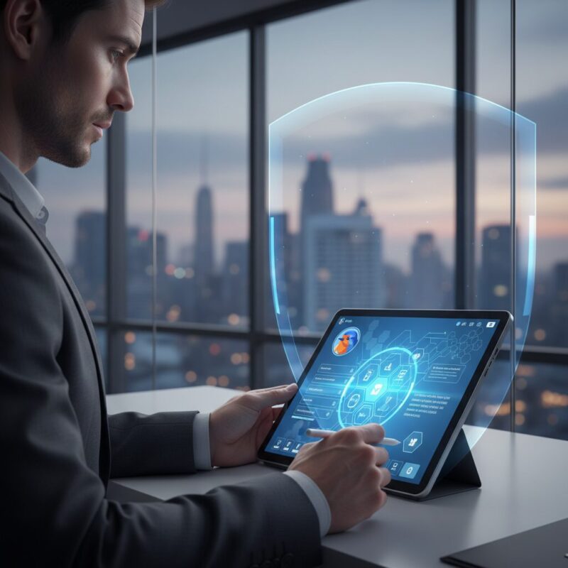 Professional reviewing secure compliance documentation on a digital tablet