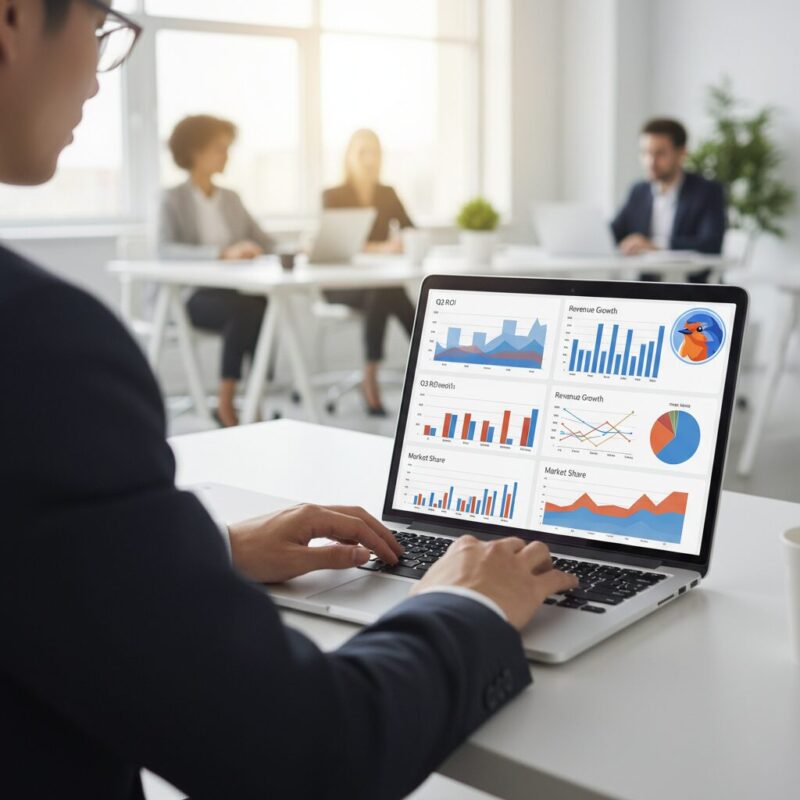 Professional reviewing Social Return on Investment analytics dashboard on a laptop