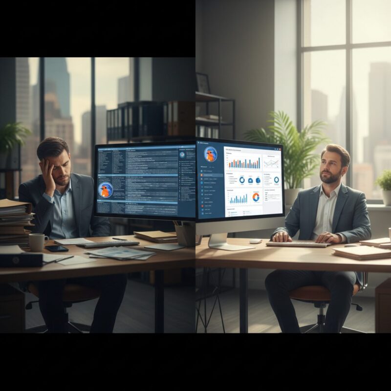 Professional transitioning from manual grant writing frustration to an organized digital workspace