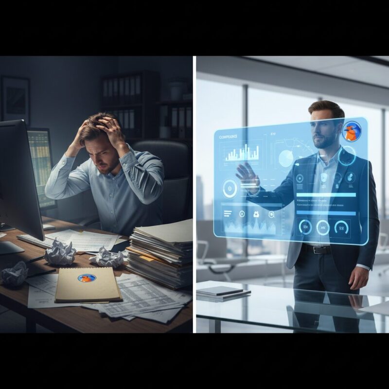 Professional transitioning from messy manual grant reporting paperwork to a streamlined digital AI dashboard