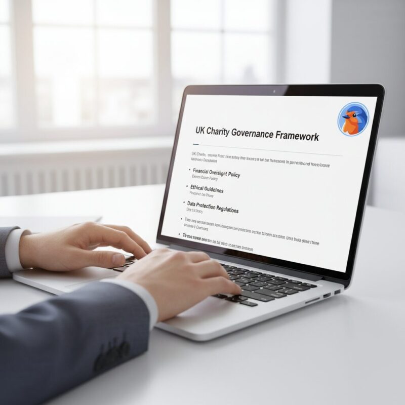 Professional typing on a laptop generating a compliance policy document