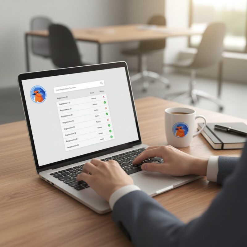 Professional typing on a laptop to perform an entity status lookup