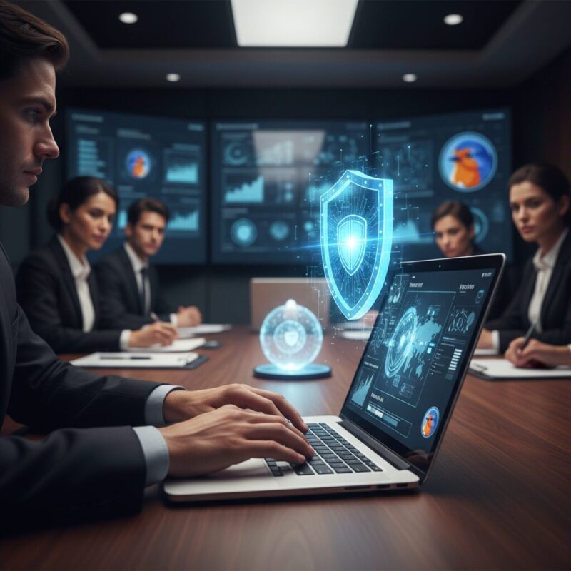 Professional typing on a laptop with a holographic security shield representing data privacy