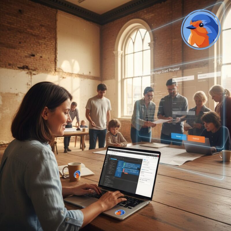 Professional using AI software on a laptop to draft a grant proposal