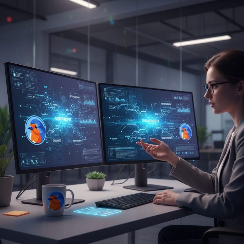 Professional using AI software on dual monitors to find nonprofit grant matches