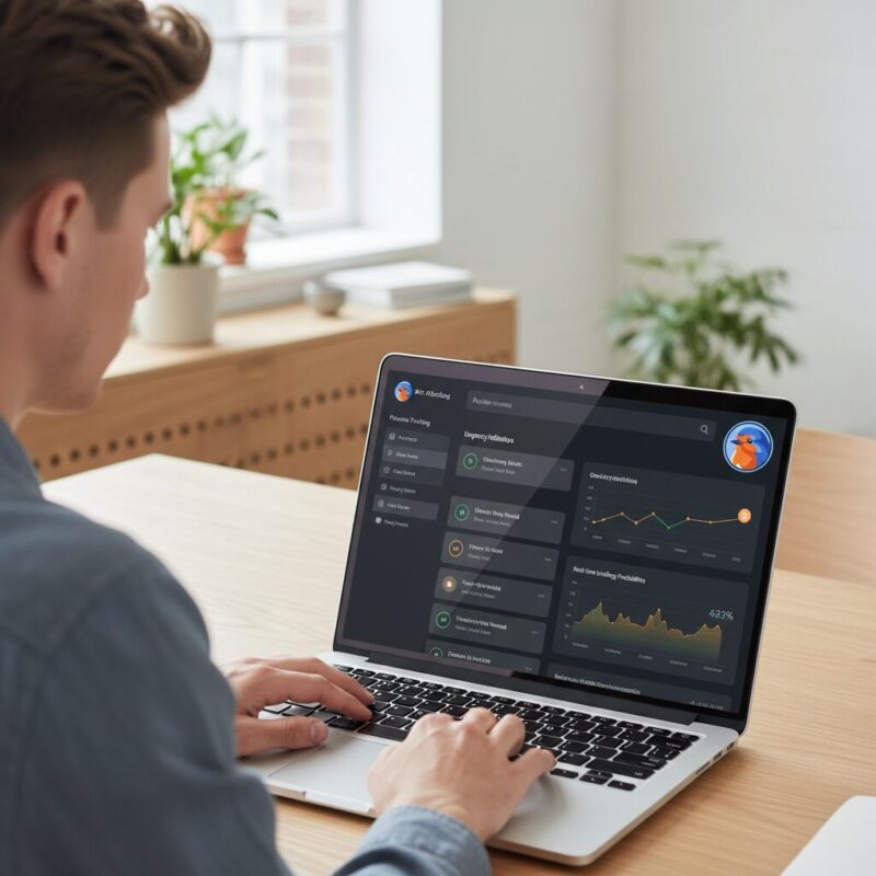 Professional using an advanced AI dashboard for grant pipeline tracking on a laptop