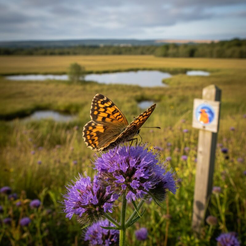 Restored wetland habitat extending behind a rare UK butterfly