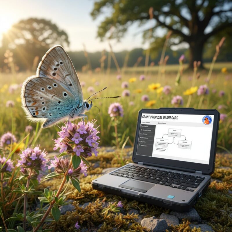 Rugged field laptop displaying grant logic models next to a wildflower and butterfly