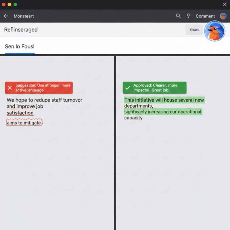 Side-by-side comparison of passive and assertive grant writing sentences