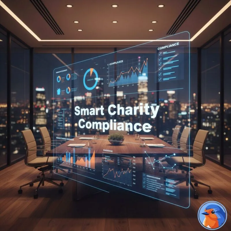 Smart Charity Compliance featured image with corporate boardroom and holographic data interface