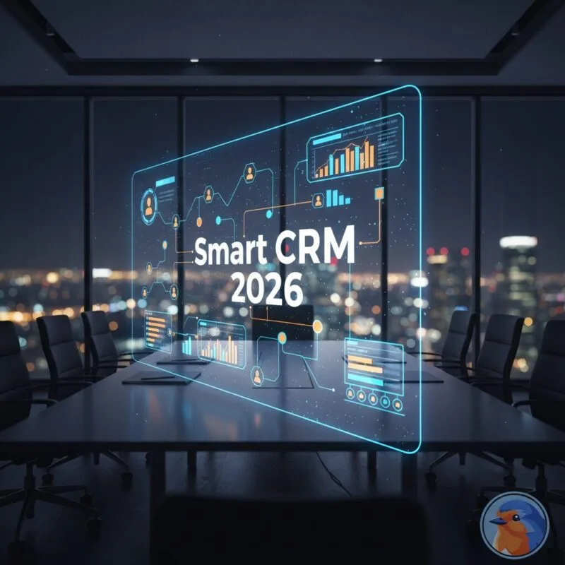 Smart CRM 2026 featured image showing holographic data workflows in a modern executive boardroom