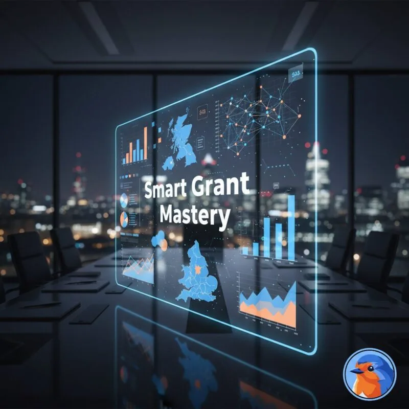 Smart Grant Mastery featured image showing a boardroom with holographic UK funding data