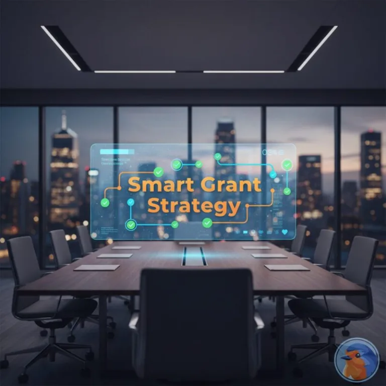 Smart Grant Strategy featured image with holographic data pipelines and modern office background