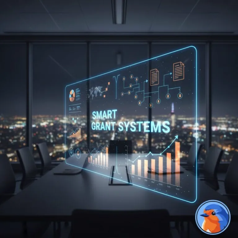 Smart Grant Systems featured image with glowing data nodes and blue gradient background