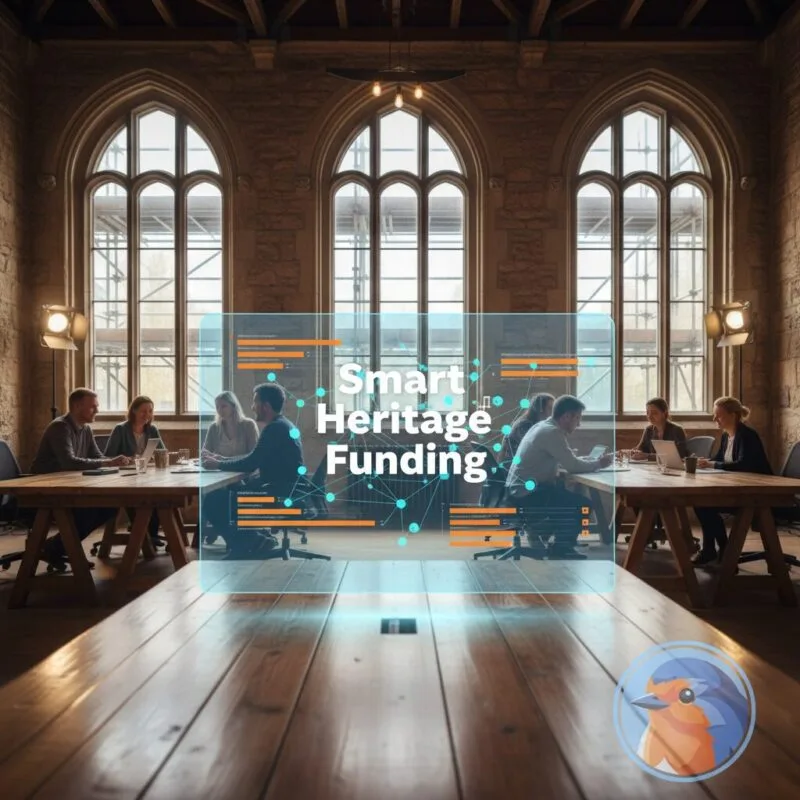Smart Heritage Funding featured image with 3D data overlays in a modern office