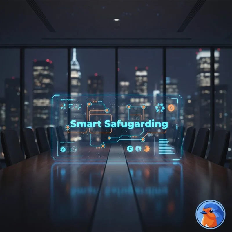 Smart Safeguarding featured image with corporate boardroom and holographic data overlays
