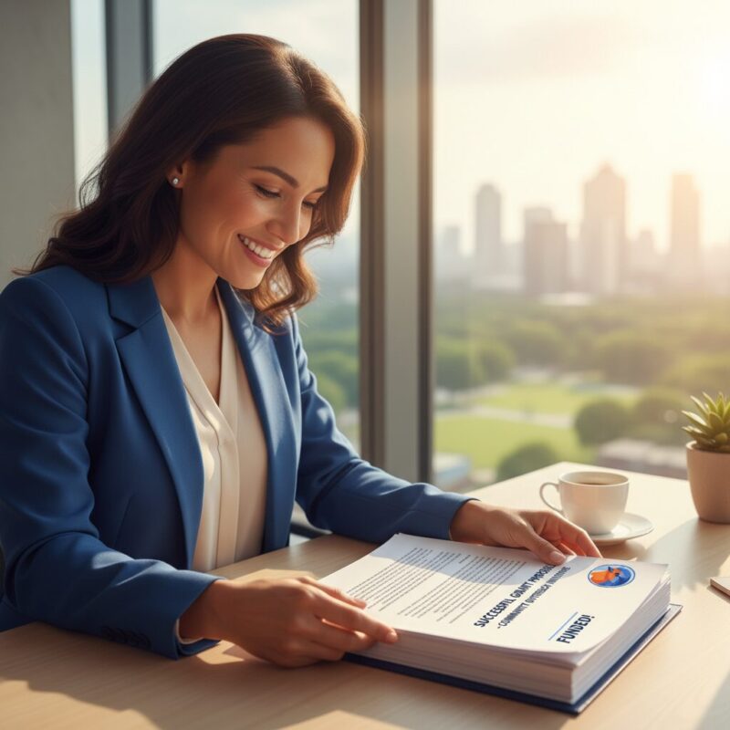 Smiling nonprofit executive reviewing a successful grant proposal and compliance audit