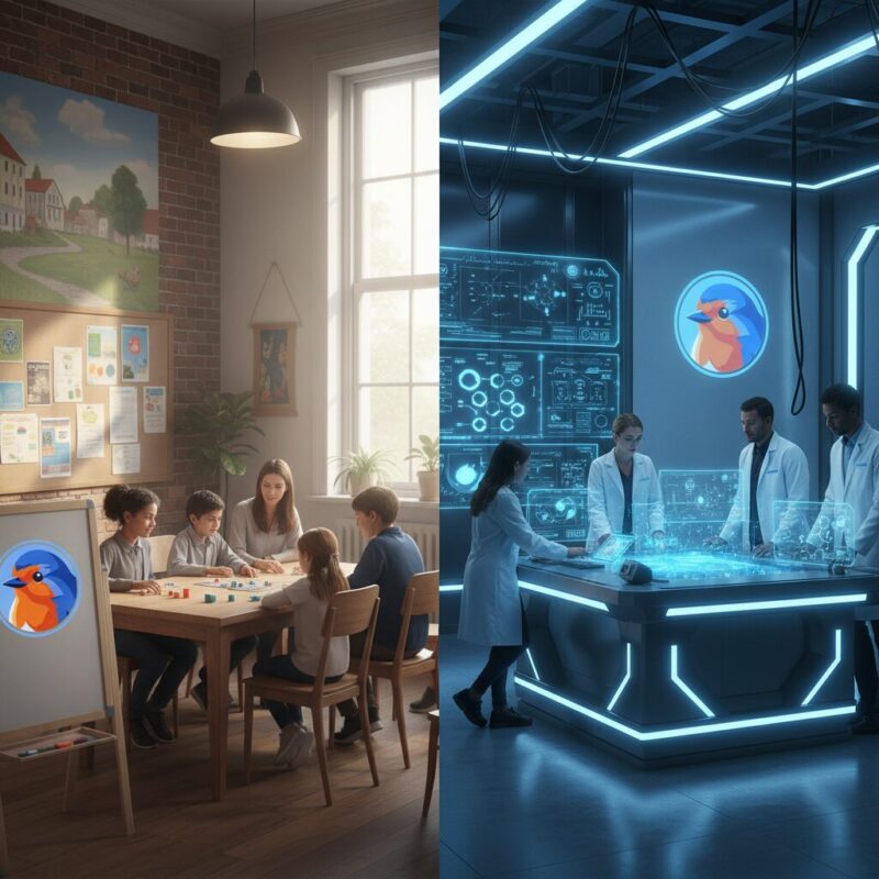 Split screen comparing a traditional community center with a modern high-tech R&D laboratory