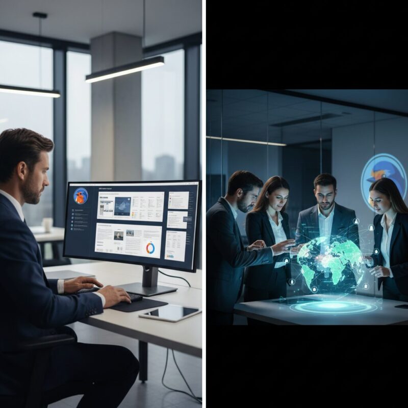 Split screen showing foundation executives reviewing files and nonprofit teams collaborating on funding strategies