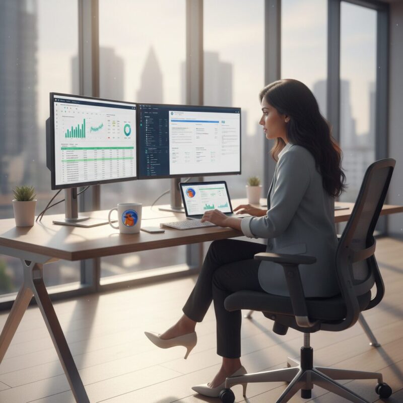 Startup founder reviewing US federal grant applications on dual monitors