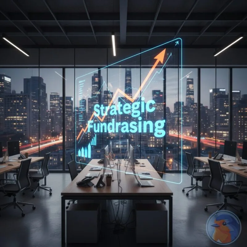 Strategic Fundraising featured image with modern office and holographic data overlays