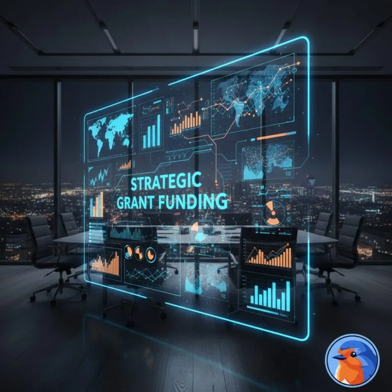 Strategic Grant Funding featured image with holographic financial charts in a corporate boardroom