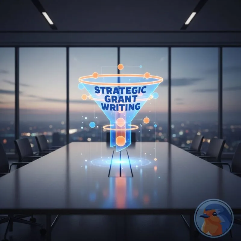 Strategic Grant Writing featured image with holographic funding pipeline in a modern office