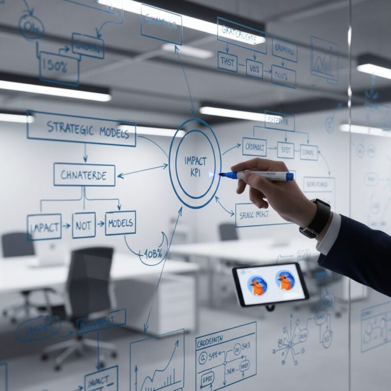Strategic logic model drawn on a glass whiteboard during a grant post-mortem