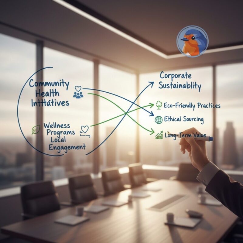 Strategist mapping community goals to corporate sustainability pillars on a glass whiteboard