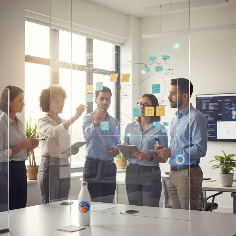 Strategy consultants mapping out a digital charity ecosystem on a glass whiteboard