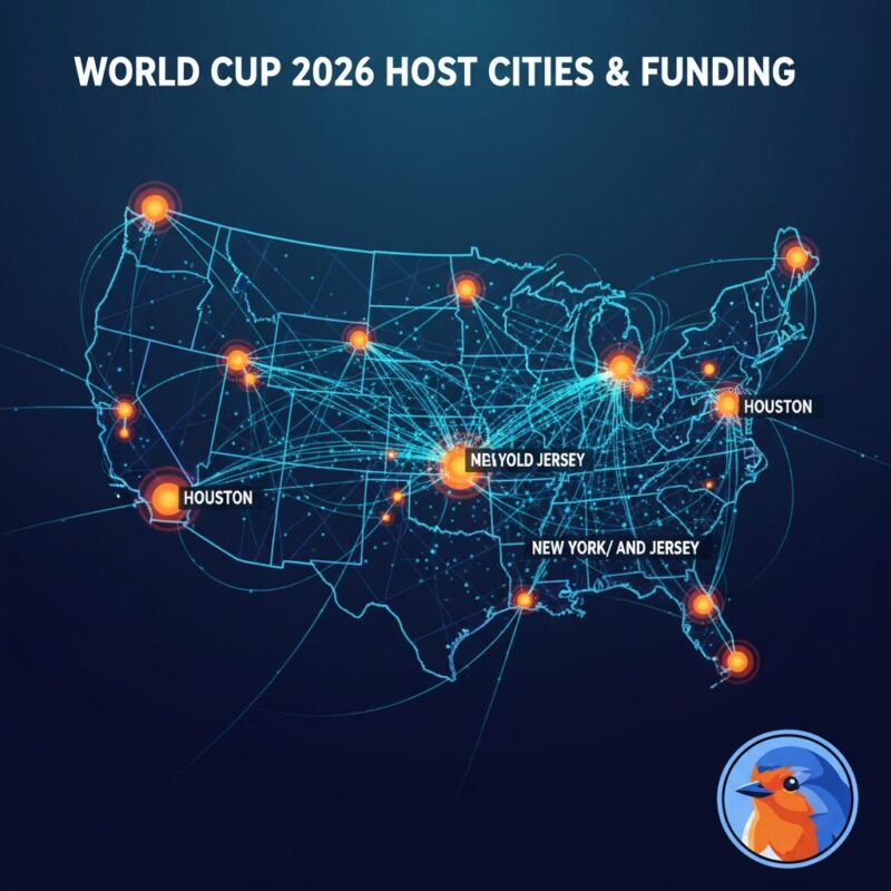 Stylized digital map showing grant distribution networks across 2026 World Cup host cities in the US