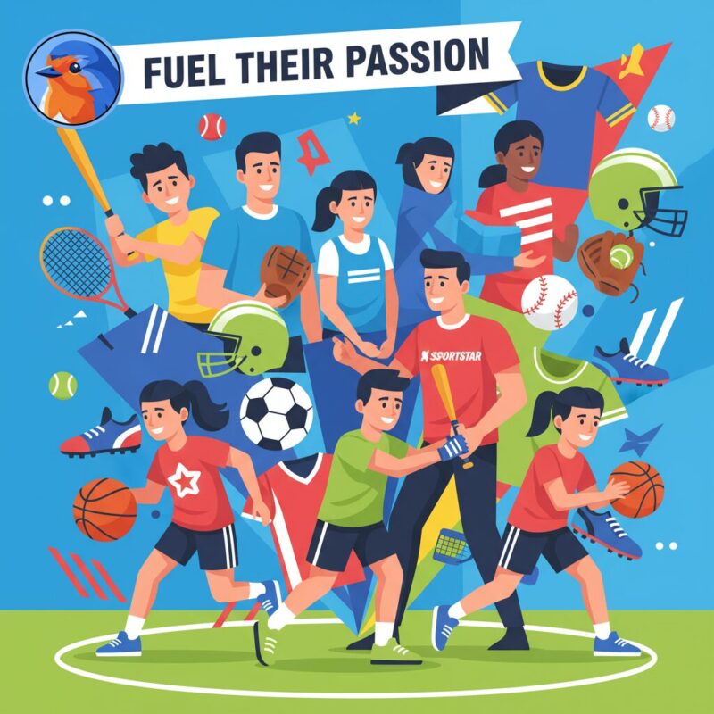 Stylized figures mentoring athletes surrounded by sports equipment