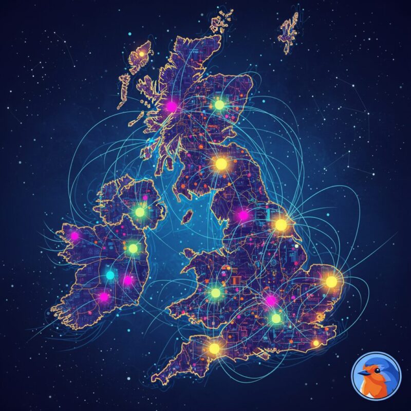 Stylized map of the UK showing glowing connected nodes representing local community grant funding distribution