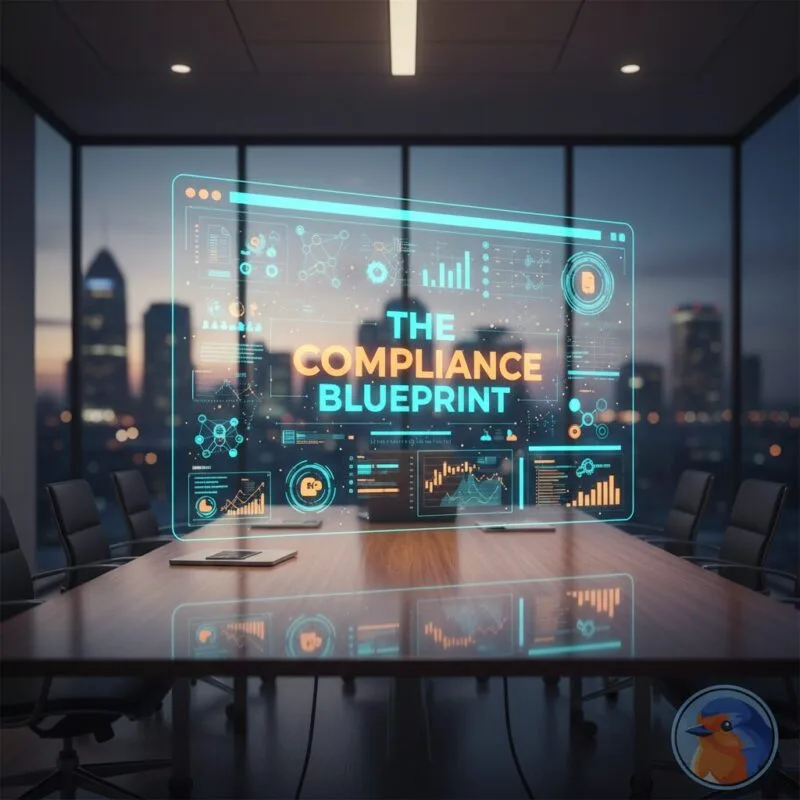 The Compliance Blueprint featured image showing glowing holographic grant data over a conference table