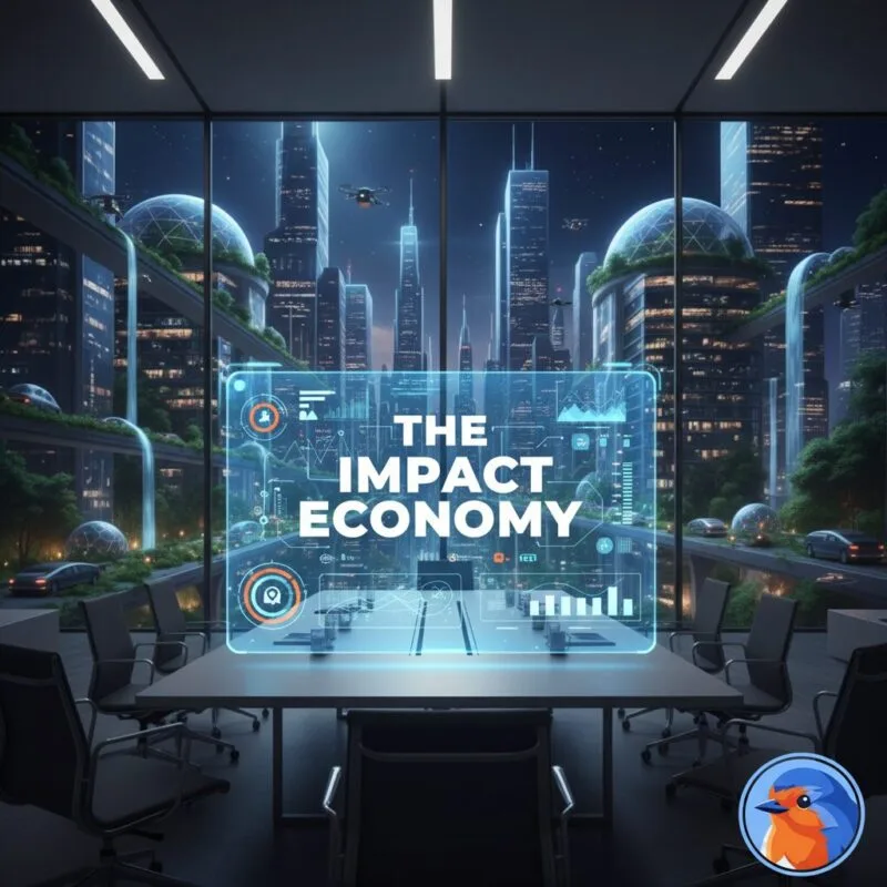 The Impact Economy featured image with holographic data overlays in a modern corporate boardroom