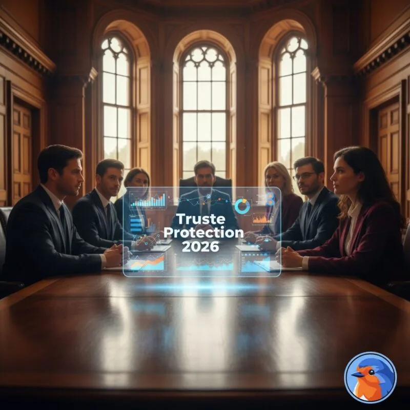 Trustee Protection 2026 glowing holographic interface in a historic UK boardroom