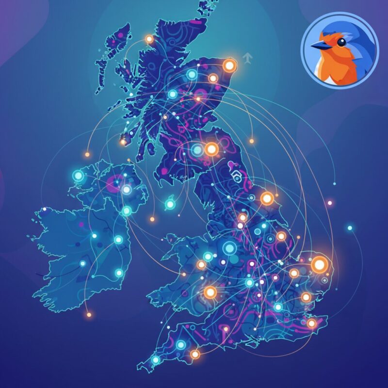 UK map illustration showing a digital filter isolating specific high-probability local community grants